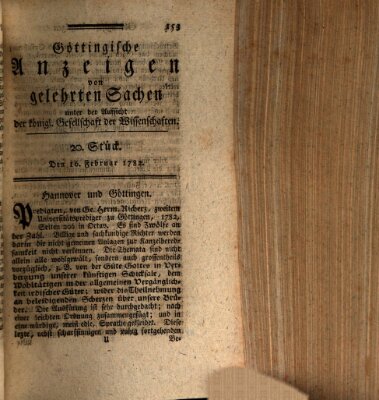 Göttingische Anzeigen von gelehrten Sachen (Göttingische Zeitungen von gelehrten Sachen) Samstag 16. Februar 1782