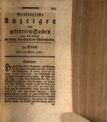 Göttingische Anzeigen von gelehrten Sachen (Göttingische Zeitungen von gelehrten Sachen) Montag 18. März 1782