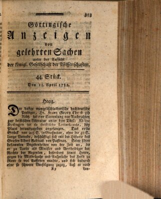 Göttingische Anzeigen von gelehrten Sachen (Göttingische Zeitungen von gelehrten Sachen) Donnerstag 11. April 1782