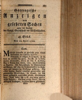 Göttingische Anzeigen von gelehrten Sachen (Göttingische Zeitungen von gelehrten Sachen) Samstag 20. April 1782