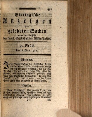 Göttingische Anzeigen von gelehrten Sachen (Göttingische Zeitungen von gelehrten Sachen) Montag 6. Mai 1782