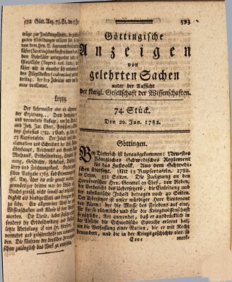 Göttingische Anzeigen von gelehrten Sachen (Göttingische Zeitungen von gelehrten Sachen) Donnerstag 20. Juni 1782