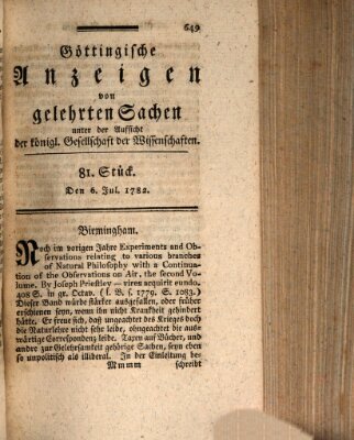 Göttingische Anzeigen von gelehrten Sachen (Göttingische Zeitungen von gelehrten Sachen) Samstag 6. Juli 1782