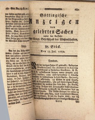 Göttingische Anzeigen von gelehrten Sachen (Göttingische Zeitungen von gelehrten Sachen) Montag 15. Juli 1782