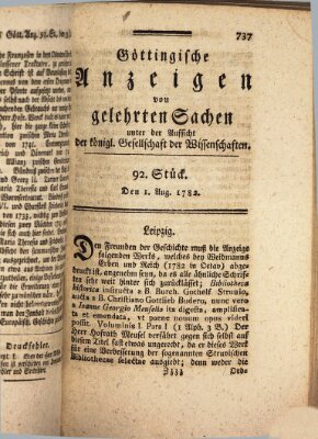 Göttingische Anzeigen von gelehrten Sachen (Göttingische Zeitungen von gelehrten Sachen) Donnerstag 1. August 1782