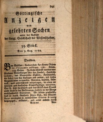 Göttingische Anzeigen von gelehrten Sachen (Göttingische Zeitungen von gelehrten Sachen) Samstag 3. August 1782