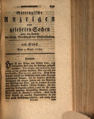 Göttingische Anzeigen von gelehrten Sachen (Göttingische Zeitungen von gelehrten Sachen) Montag 2. September 1782