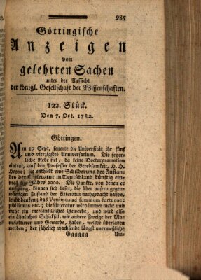 Göttingische Anzeigen von gelehrten Sachen (Göttingische Zeitungen von gelehrten Sachen) Montag 7. Oktober 1782