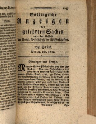 Göttingische Anzeigen von gelehrten Sachen (Göttingische Zeitungen von gelehrten Sachen) Montag 21. Oktober 1782