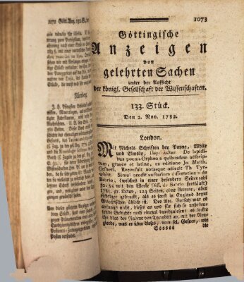 Göttingische Anzeigen von gelehrten Sachen (Göttingische Zeitungen von gelehrten Sachen) Samstag 2. November 1782