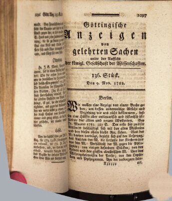 Göttingische Anzeigen von gelehrten Sachen (Göttingische Zeitungen von gelehrten Sachen) Samstag 9. November 1782