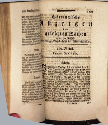 Göttingische Anzeigen von gelehrten Sachen (Göttingische Zeitungen von gelehrten Sachen) Samstag 16. November 1782