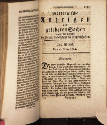 Göttingische Anzeigen von gelehrten Sachen (Göttingische Zeitungen von gelehrten Sachen) Samstag 30. November 1782