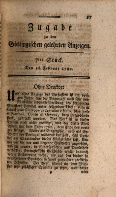 Göttingische Anzeigen von gelehrten Sachen. Zugabe (Göttingische Zeitungen von gelehrten Sachen) Samstag 16. Februar 1782