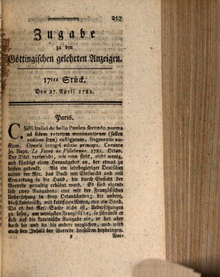 Göttingische Anzeigen von gelehrten Sachen. Zugabe (Göttingische Zeitungen von gelehrten Sachen) Samstag 27. April 1782