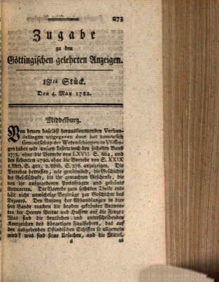 Göttingische Anzeigen von gelehrten Sachen. Zugabe (Göttingische Zeitungen von gelehrten Sachen) Samstag 4. Mai 1782