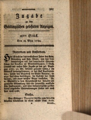 Göttingische Anzeigen von gelehrten Sachen. Zugabe (Göttingische Zeitungen von gelehrten Sachen) Samstag 18. Mai 1782