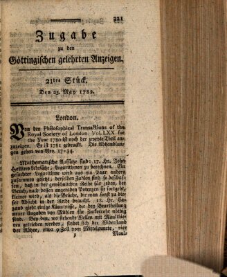 Göttingische Anzeigen von gelehrten Sachen. Zugabe (Göttingische Zeitungen von gelehrten Sachen) Samstag 25. Mai 1782