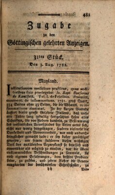 Göttingische Anzeigen von gelehrten Sachen. Zugabe (Göttingische Zeitungen von gelehrten Sachen) Samstag 3. August 1782