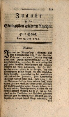 Göttingische Anzeigen von gelehrten Sachen. Zugabe (Göttingische Zeitungen von gelehrten Sachen) Samstag 19. Oktober 1782