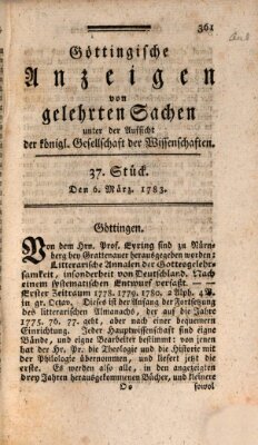 Göttingische Anzeigen von gelehrten Sachen (Göttingische Zeitungen von gelehrten Sachen) Donnerstag 6. März 1783