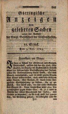 Göttingische Anzeigen von gelehrten Sachen (Göttingische Zeitungen von gelehrten Sachen) Samstag 5. April 1783