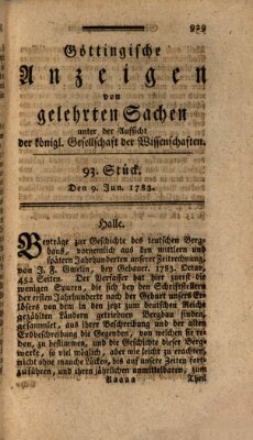 Göttingische Anzeigen von gelehrten Sachen (Göttingische Zeitungen von gelehrten Sachen) Montag 9. Juni 1783