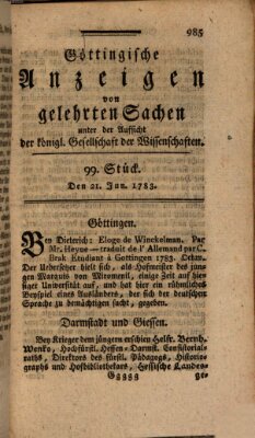 Göttingische Anzeigen von gelehrten Sachen (Göttingische Zeitungen von gelehrten Sachen) Samstag 21. Juni 1783