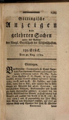 Göttingische Anzeigen von gelehrten Sachen (Göttingische Zeitungen von gelehrten Sachen) Samstag 30. August 1783