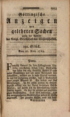 Göttingische Anzeigen von gelehrten Sachen (Göttingische Zeitungen von gelehrten Sachen) Donnerstag 27. November 1783