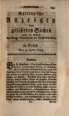 Göttingische Anzeigen von gelehrten Sachen (Göttingische Zeitungen von gelehrten Sachen) Samstag 14. Februar 1784