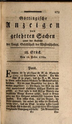 Göttingische Anzeigen von gelehrten Sachen (Göttingische Zeitungen von gelehrten Sachen) Montag 16. Februar 1784