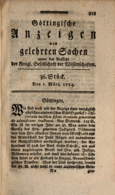 Göttingische Anzeigen von gelehrten Sachen (Göttingische Zeitungen von gelehrten Sachen) Montag 1. März 1784