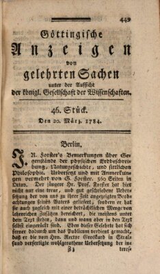 Göttingische Anzeigen von gelehrten Sachen (Göttingische Zeitungen von gelehrten Sachen) Samstag 20. März 1784