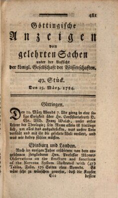 Göttingische Anzeigen von gelehrten Sachen (Göttingische Zeitungen von gelehrten Sachen) Donnerstag 25. März 1784