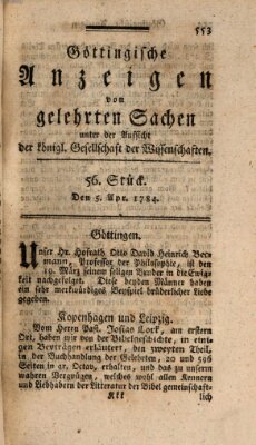 Göttingische Anzeigen von gelehrten Sachen (Göttingische Zeitungen von gelehrten Sachen) Montag 5. April 1784