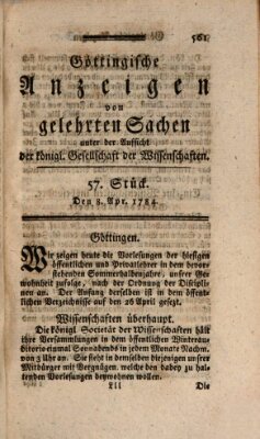 Göttingische Anzeigen von gelehrten Sachen (Göttingische Zeitungen von gelehrten Sachen) Donnerstag 8. April 1784