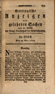 Göttingische Anzeigen von gelehrten Sachen (Göttingische Zeitungen von gelehrten Sachen) Donnerstag 29. April 1784