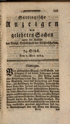 Göttingische Anzeigen von gelehrten Sachen (Göttingische Zeitungen von gelehrten Sachen) Samstag 8. Mai 1784