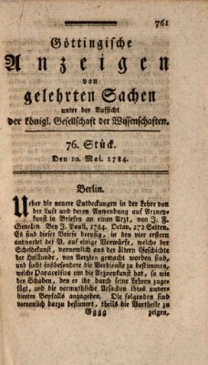 Göttingische Anzeigen von gelehrten Sachen (Göttingische Zeitungen von gelehrten Sachen) Montag 10. Mai 1784