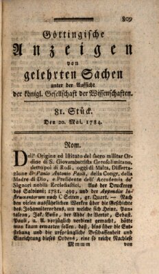 Göttingische Anzeigen von gelehrten Sachen (Göttingische Zeitungen von gelehrten Sachen) Donnerstag 20. Mai 1784