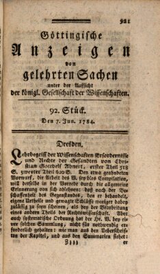 Göttingische Anzeigen von gelehrten Sachen (Göttingische Zeitungen von gelehrten Sachen) Montag 7. Juni 1784