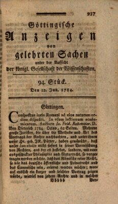 Göttingische Anzeigen von gelehrten Sachen (Göttingische Zeitungen von gelehrten Sachen) Samstag 12. Juni 1784