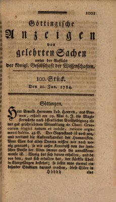 Göttingische Anzeigen von gelehrten Sachen (Göttingische Zeitungen von gelehrten Sachen) Montag 21. Juni 1784