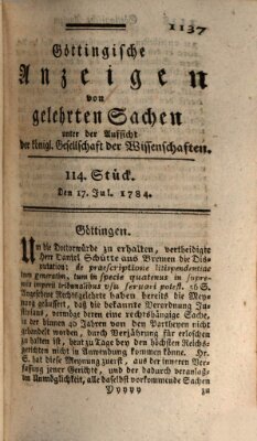 Göttingische Anzeigen von gelehrten Sachen (Göttingische Zeitungen von gelehrten Sachen) Samstag 17. Juli 1784