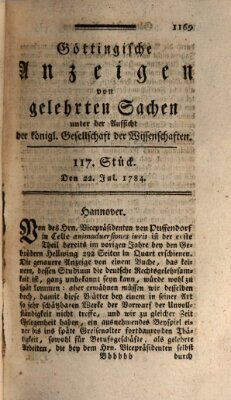 Göttingische Anzeigen von gelehrten Sachen (Göttingische Zeitungen von gelehrten Sachen) Donnerstag 22. Juli 1784