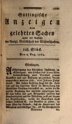 Göttingische Anzeigen von gelehrten Sachen (Göttingische Zeitungen von gelehrten Sachen) Montag 9. August 1784