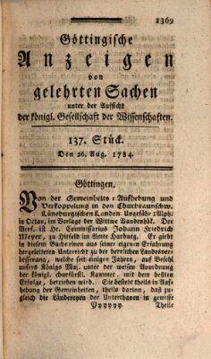 Göttingische Anzeigen von gelehrten Sachen (Göttingische Zeitungen von gelehrten Sachen) Donnerstag 26. August 1784