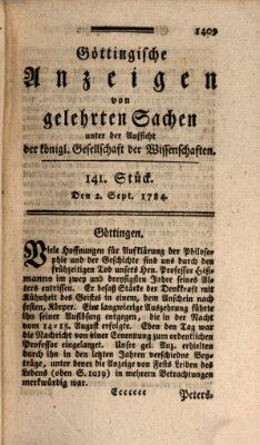 Göttingische Anzeigen von gelehrten Sachen (Göttingische Zeitungen von gelehrten Sachen) Donnerstag 2. September 1784