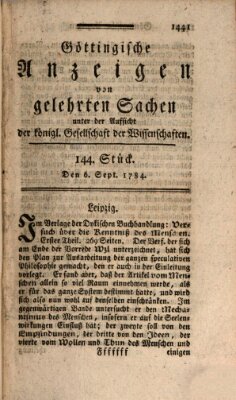 Göttingische Anzeigen von gelehrten Sachen (Göttingische Zeitungen von gelehrten Sachen) Montag 6. September 1784